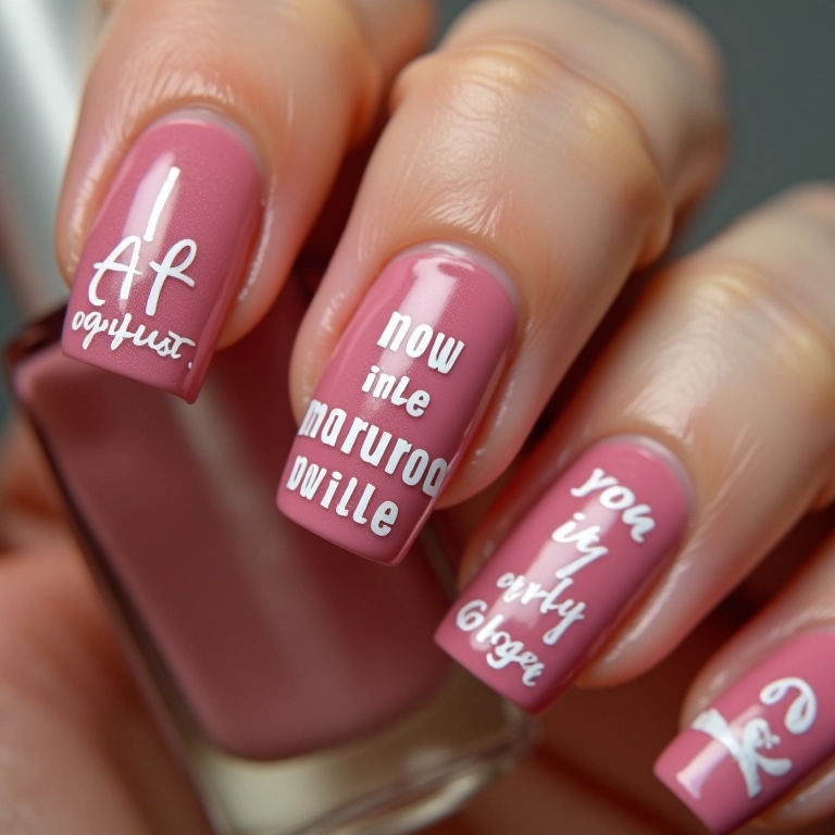 Unhas com palavras inspiradoras, transmitindo positividade e força.