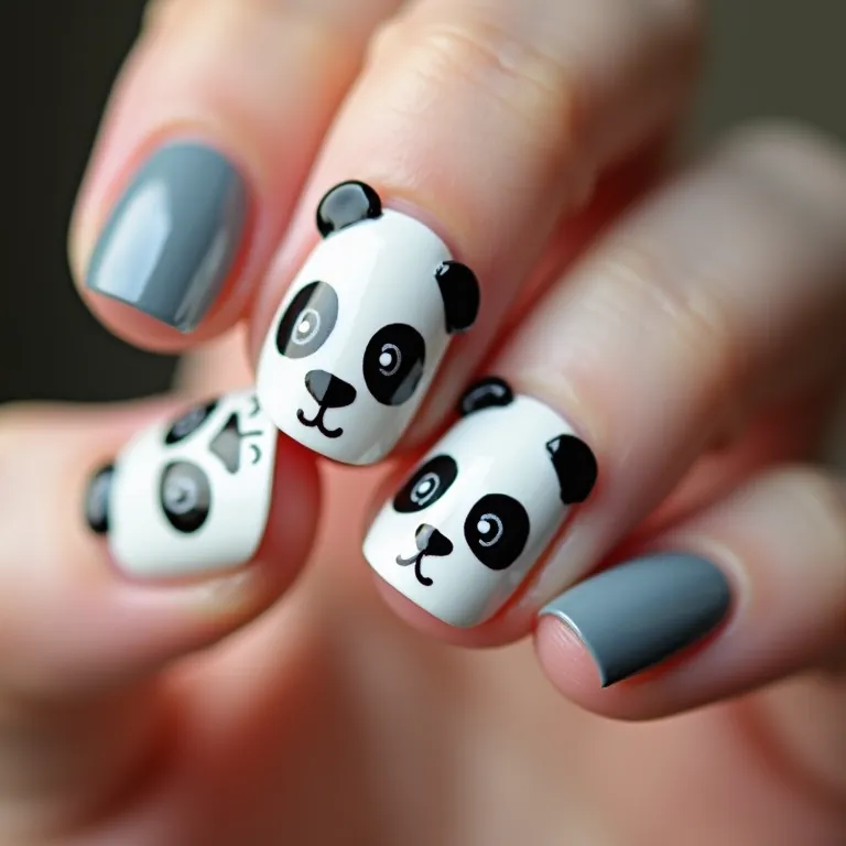 Unhas com panda 3D, design único e divertido.