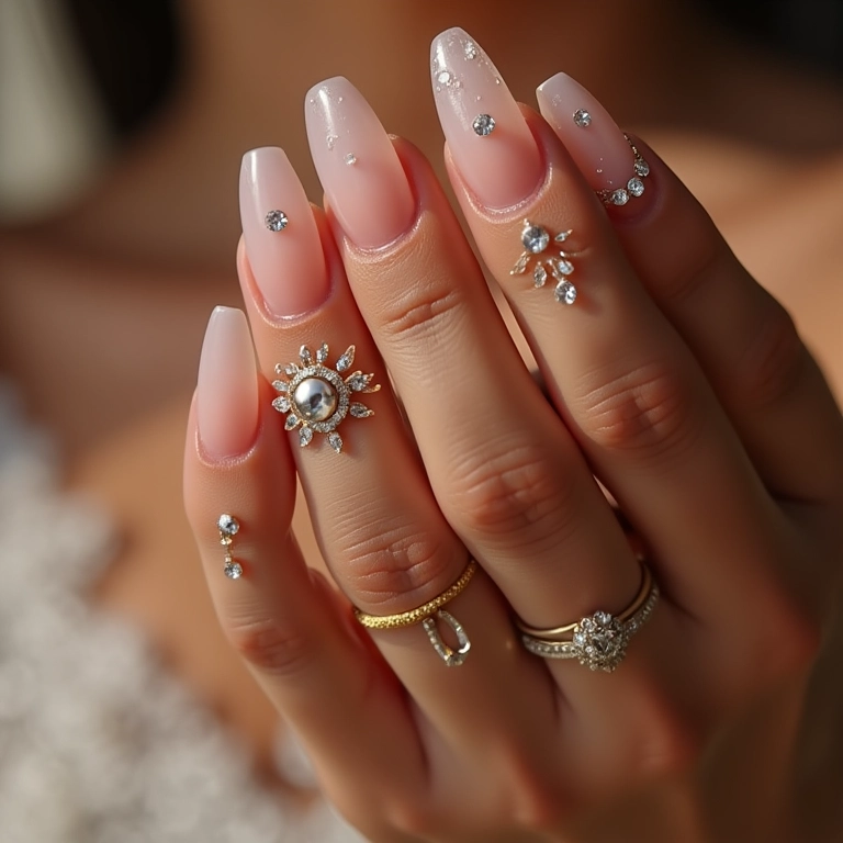 Unhas com pedrarias brilhantes e design luxuoso.