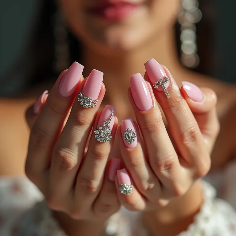 Unhas com pedrarias e aplicações 3D, design sofisticado e elegante.