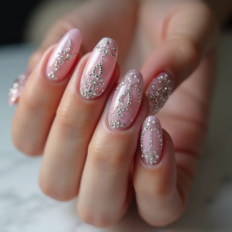 Unhas com pedrarias e glitter para um visual glamouroso.