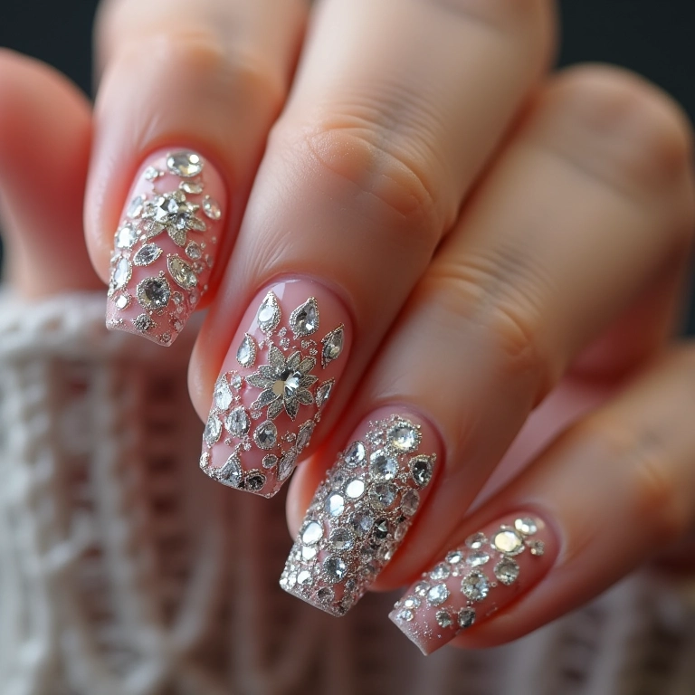 Unhas com pedrarias e strass brilhantes.