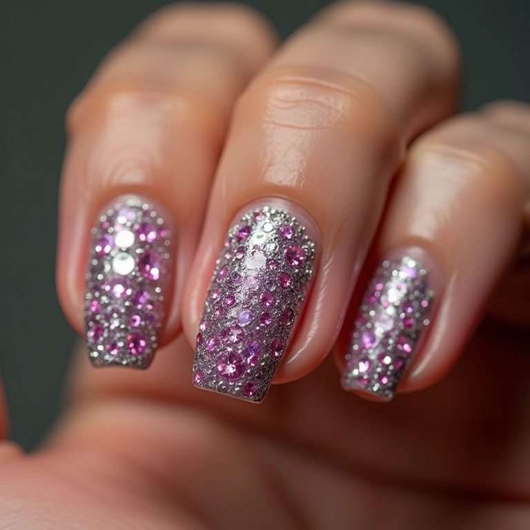 Unhas com pedrarias e strass brilhantes.