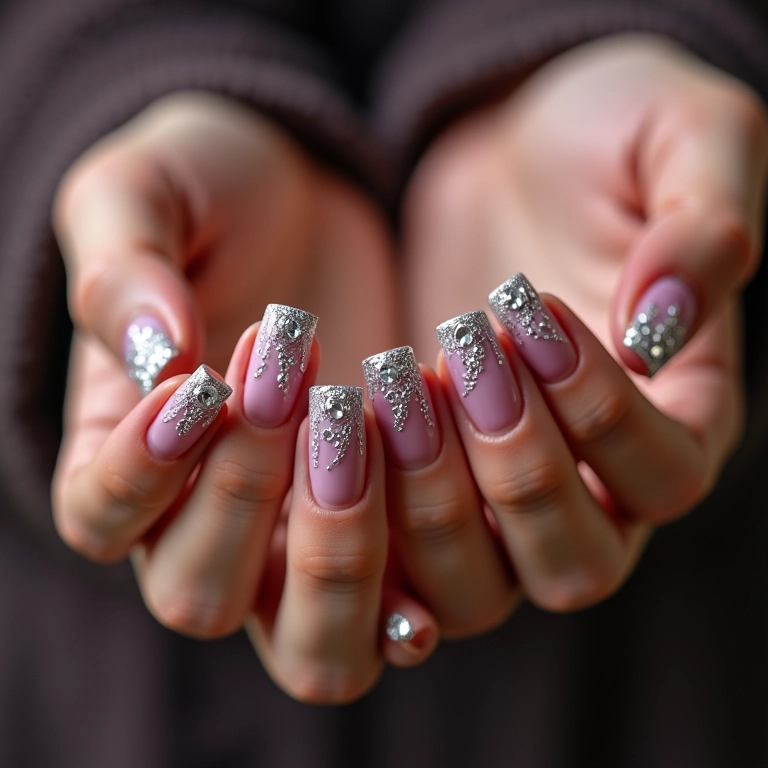Unhas com pedrarias e strass brilhantes.