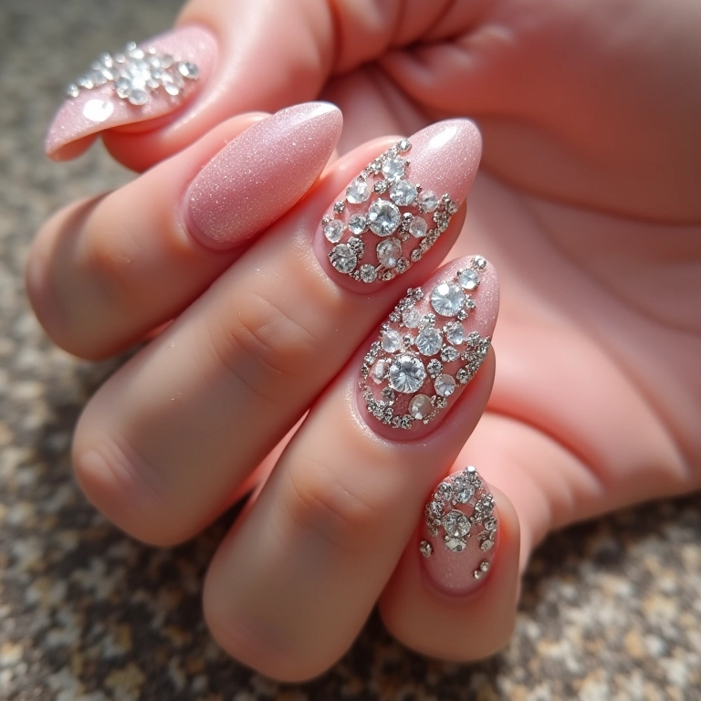 Unhas com pedrarias e strass em gel.