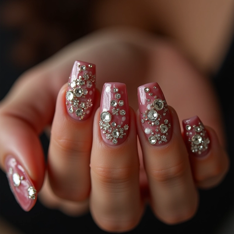 Unhas com pedrarias e strass, puro glamour.