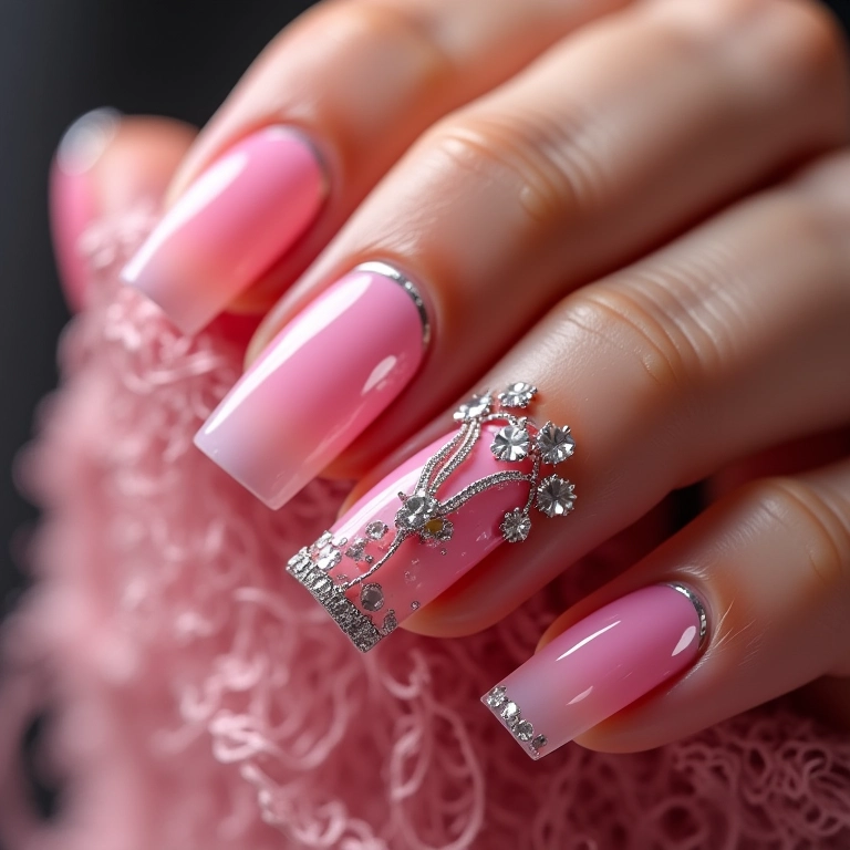Unhas com pedrarias e strass rosa: brilho e glamour.