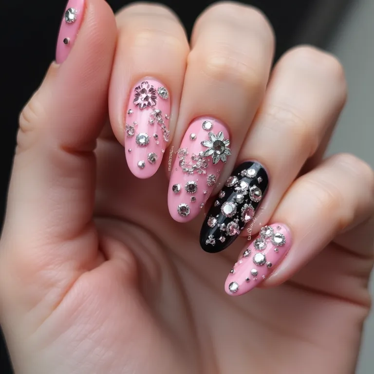 Unhas com pedrarias e strass rosa e preto, detalhes brilhantes.