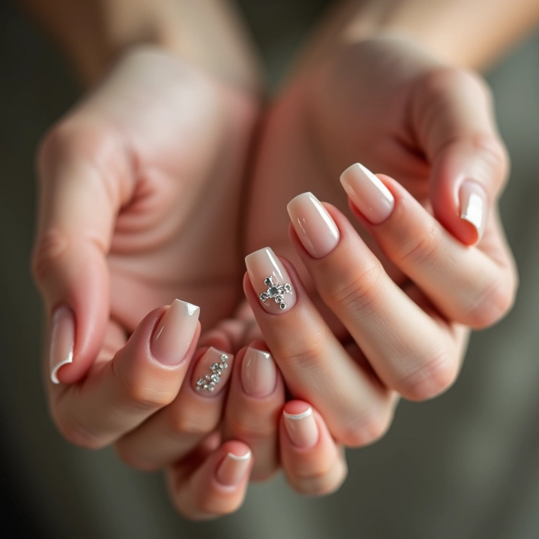 Unhas com pedrarias pequenas, design elegante e cores neutras.