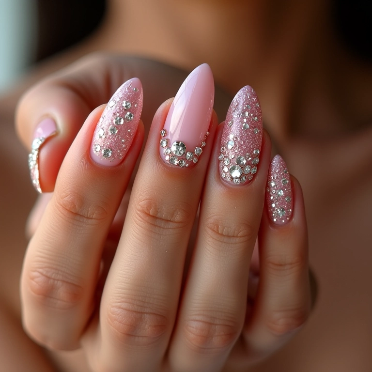 Unhas com pedrarias que conferem glamour e sofisticação.