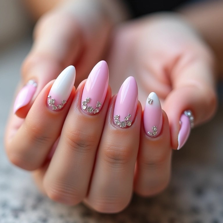 Unhas com pedrarias rosa e branco.