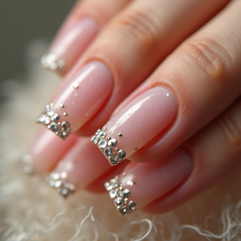 Unhas com pedrarias sutis.