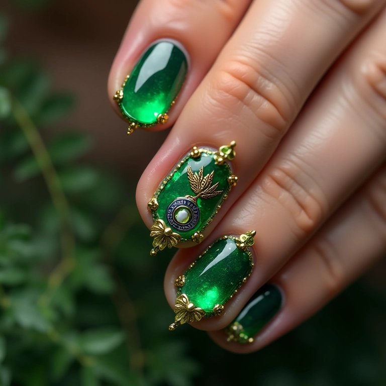 Unhas com pedrarias verdes e o símbolo do Palmeiras.