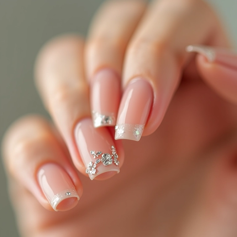 Unhas com pedrinhas discretas: elegância minimalista.