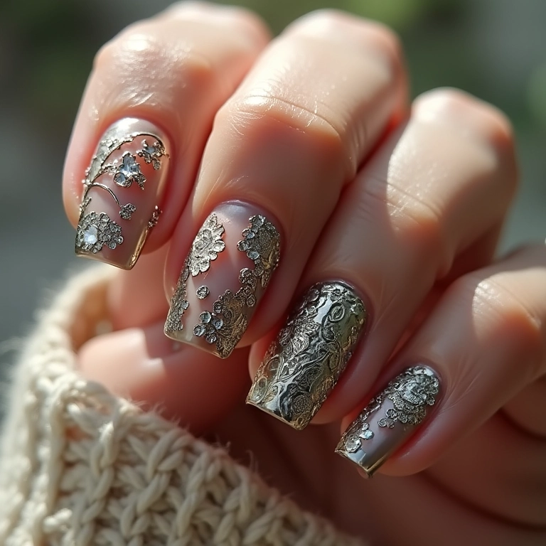 Unhas com pedrinhas e carimbo: nail art detalhada.