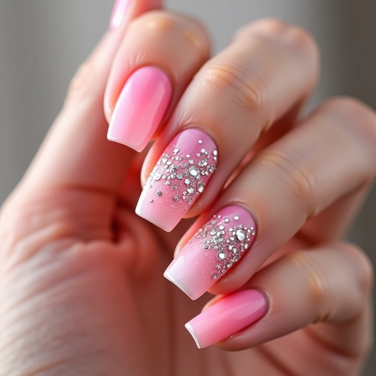 Unhas com pedrinhas em degradê: um efeito suave e elegante.