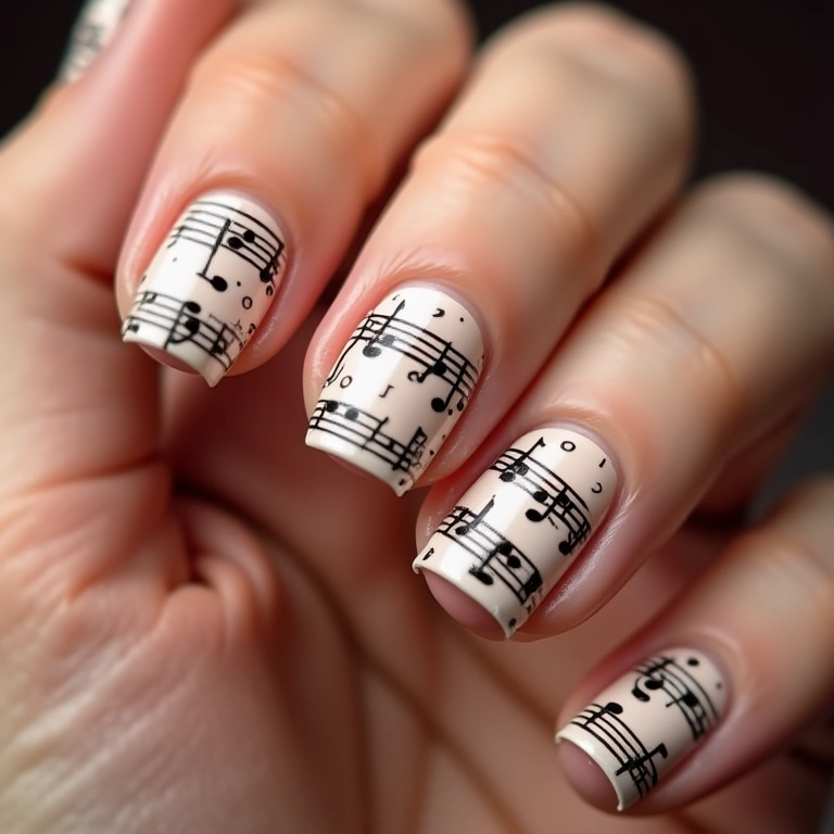 Unhas com películas de notas musicais.