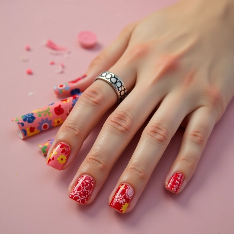 Unhas com películas estampadas.
