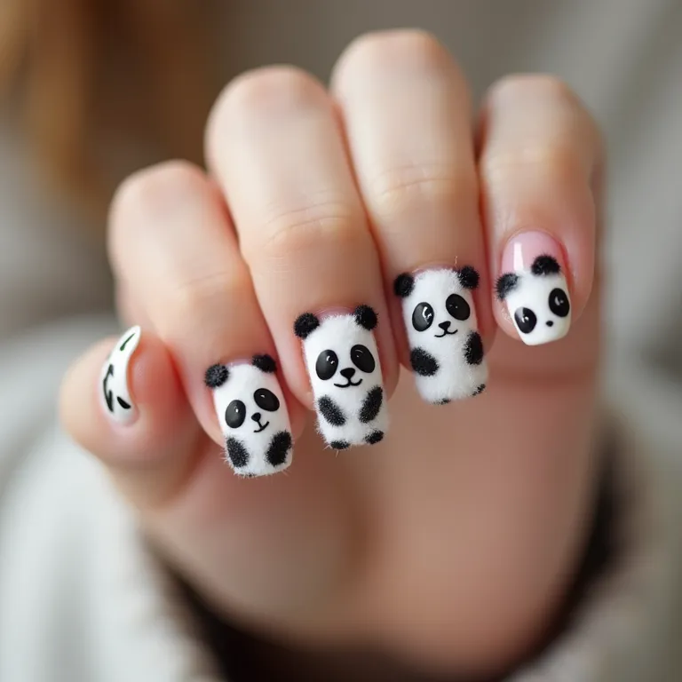 Unhas com pelúcia de panda, design macio e fofo.