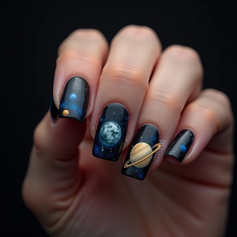 Unhas com planetas e anéis de Saturno.