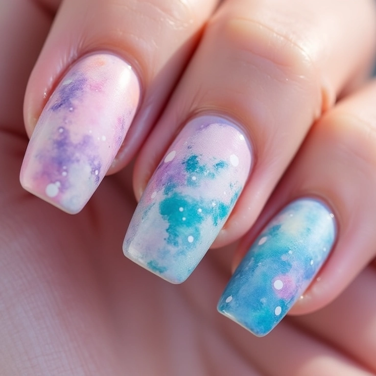 Unhas com planetas em aquarela e cores pastel.