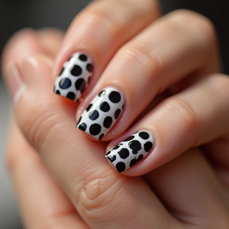 Unhas com poá em preto e branco, design divertido e estiloso.