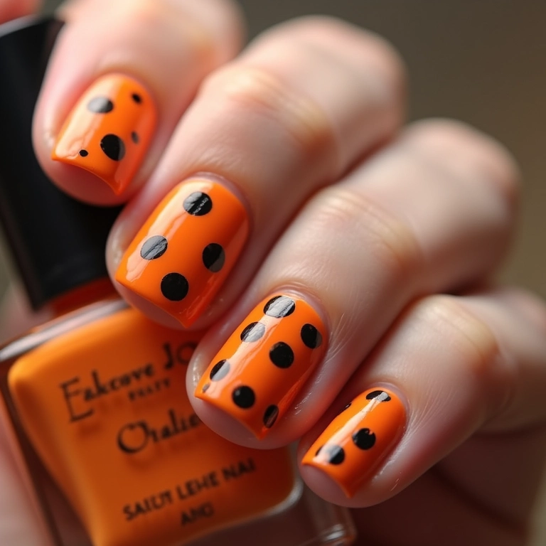 Unhas com poá temático de Halloween para uma decoração divertida.