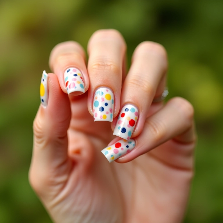 Unhas com pontilhismo divertido em cores vibrantes.
