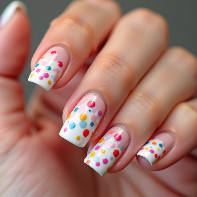 Unhas com pontinhos e bolinhas coloridas.