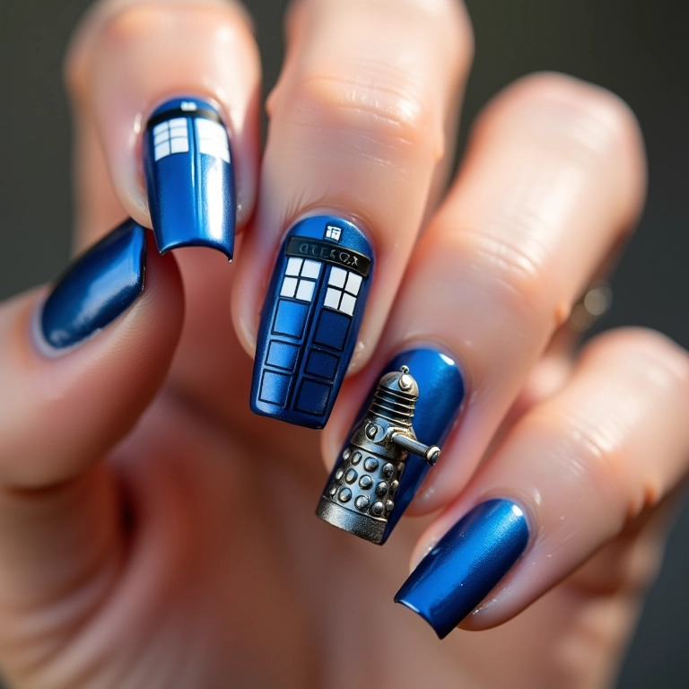 Unhas com referências a Doctor Who: TARDIS e Dalek.