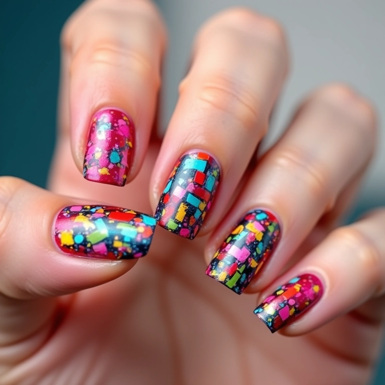 Unhas com riscos coloridos e vibrantes.