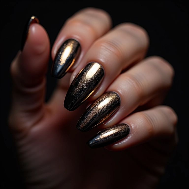 Unhas com riscos e traços metalizados.