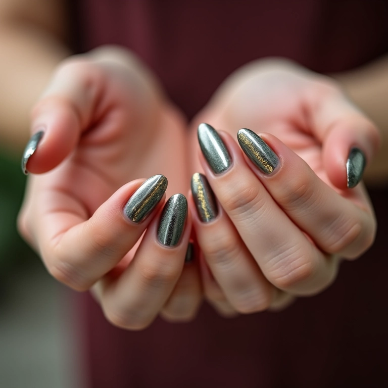 Unhas com riscos metalizados em prata e dourado.