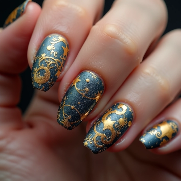 Unhas com signos do zodíaco e detalhes em dourado.