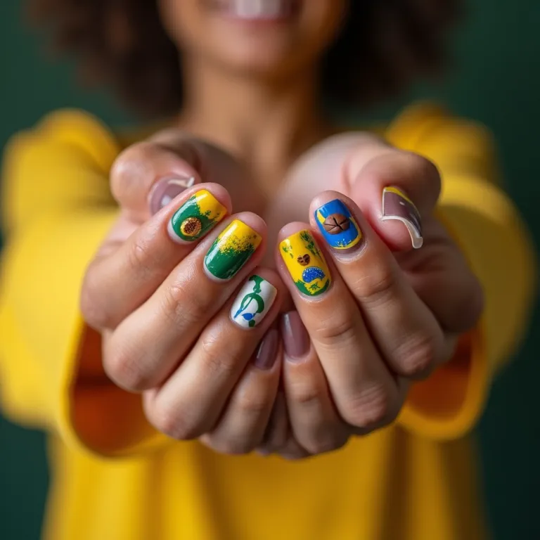 Unhas com símbolos brasileiros autênticos.