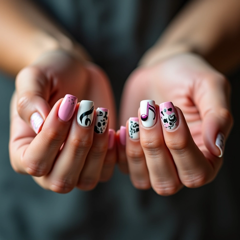 Unhas com símbolos musicais diversos e criativos.