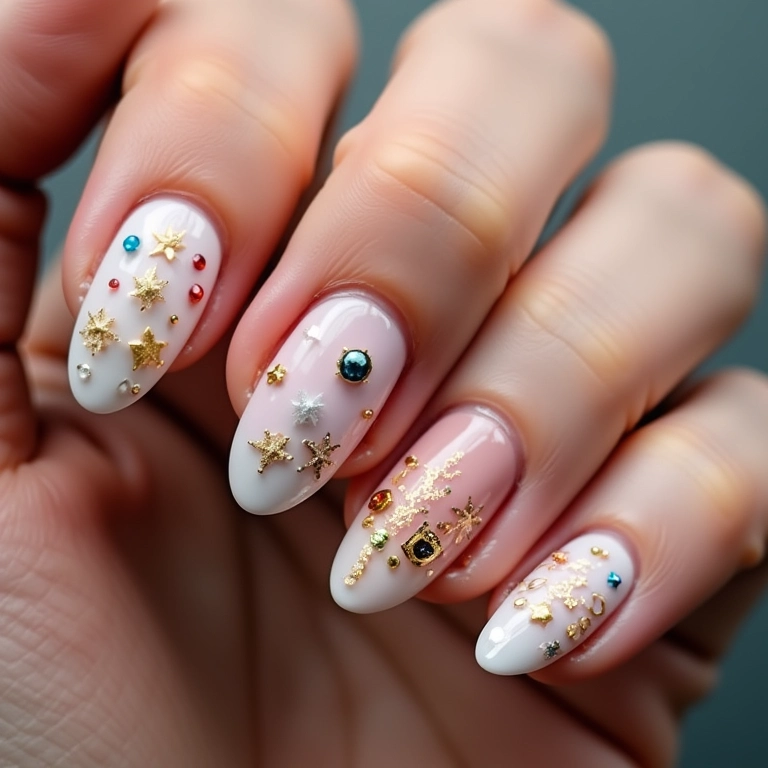 Unhas com tachinhas e adesivos.
