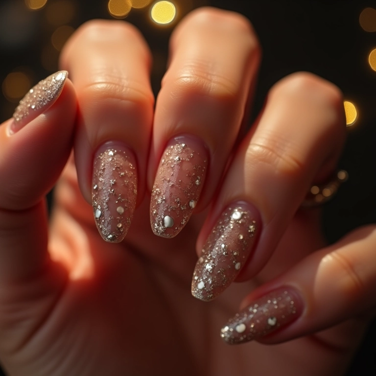 Unhas com tachinhas e glitter.