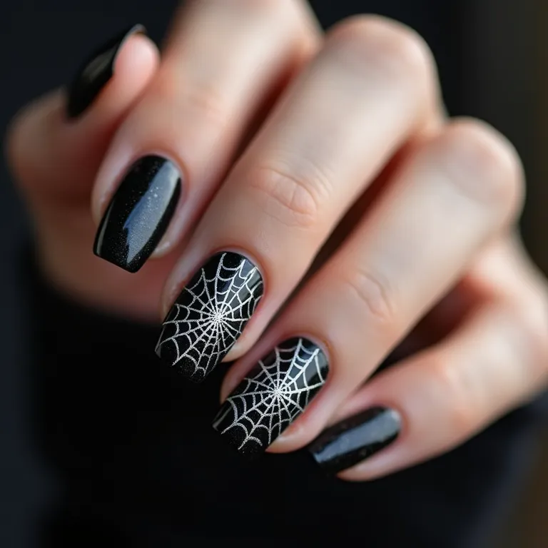 Unhas com teia de aranha, elegância macabra para o Halloween.