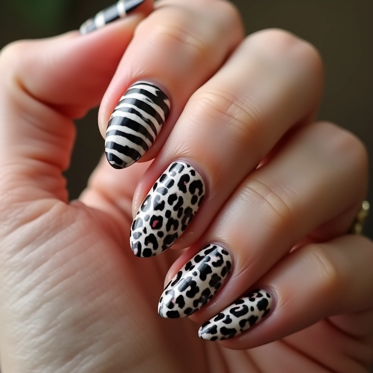 Unhas com tema animal print, padrões de zebra e leopardo.