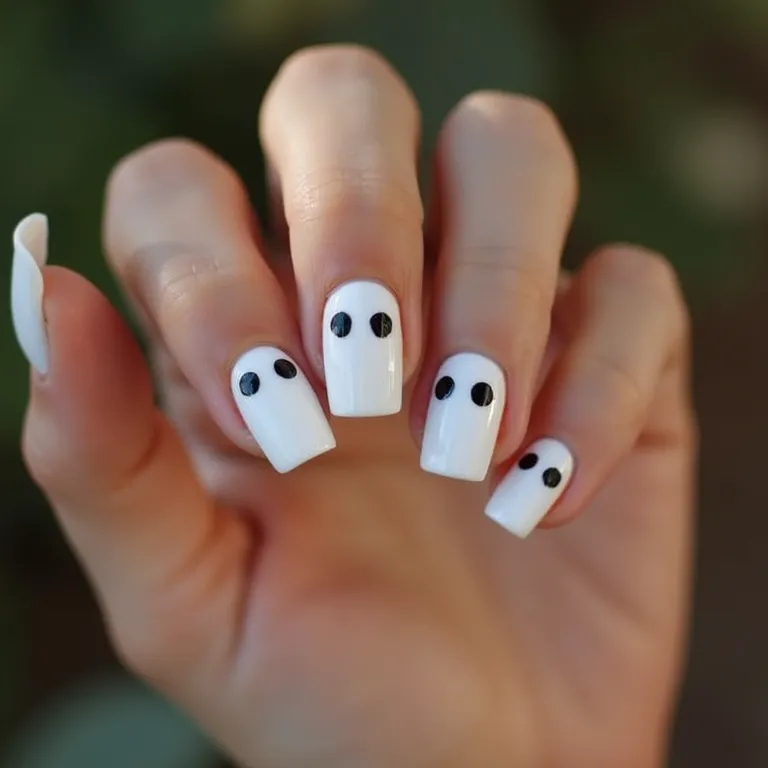 Unhas com tema de fantasma, design clássico e charmoso para o Halloween.