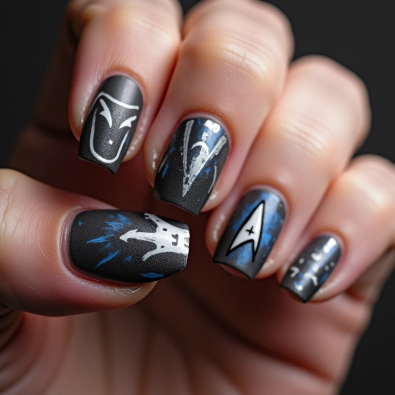 Unhas com tema de Star Trek: Enterprise e orelhas do Spock.