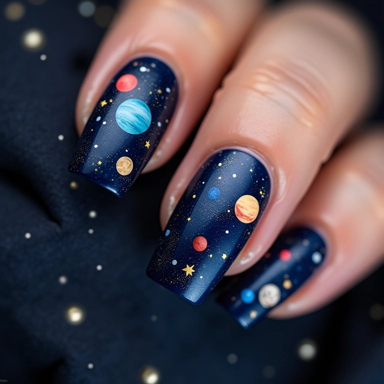 Unhas com tema espacial, estrelas e planetas em fundo azul escuro.