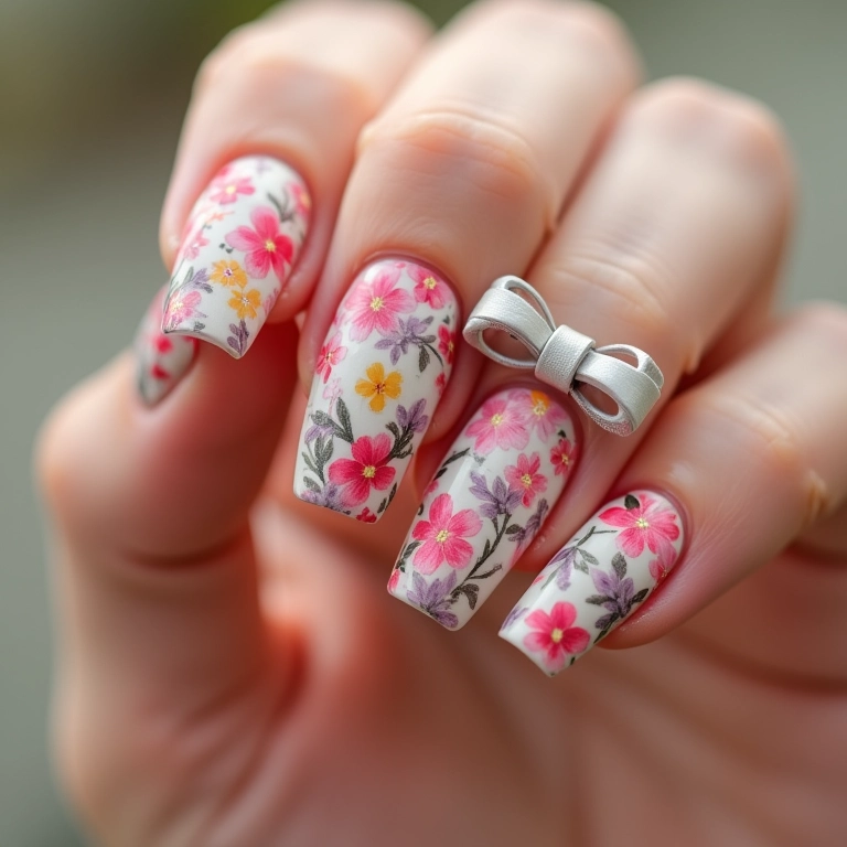 Unhas com tema floral e laço delicado.