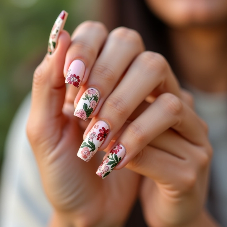 Unhas com tema floral usando durex, delicadeza e feminilidade.