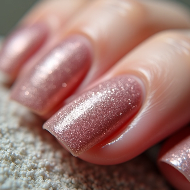 Unhas com textura caviar ou flocada.