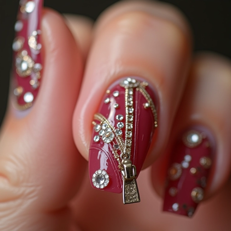 Unhas com zíper e pedrarias.