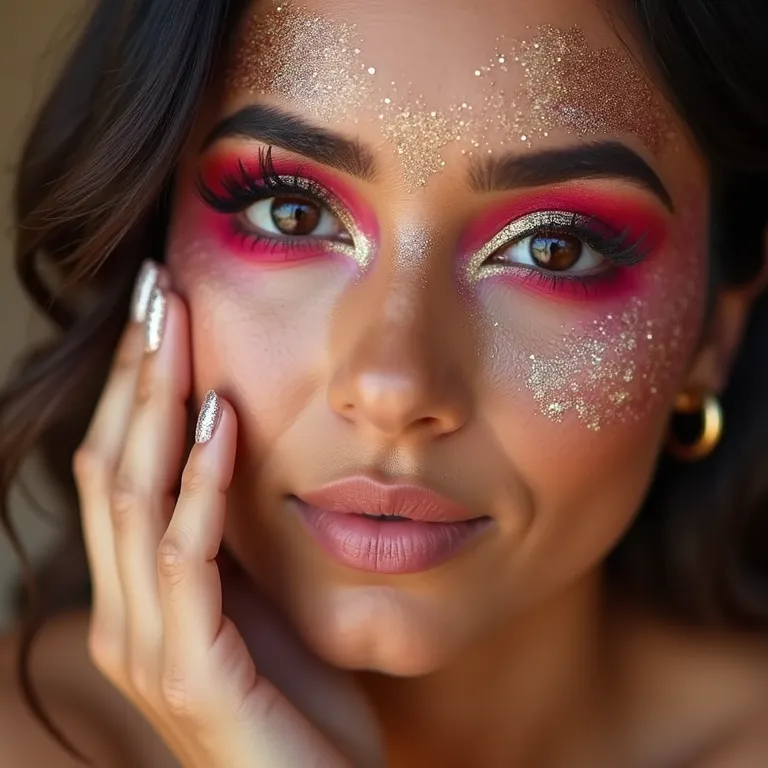 Unhas combinando com maquiagem junina, glitter e cores vibrantes.