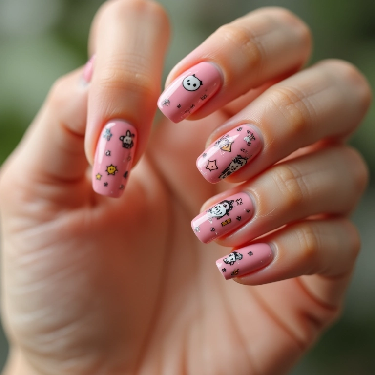 Unhas cor de pele com adesivos temáticos.