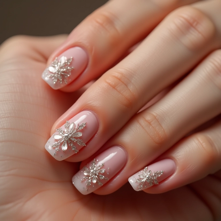 Unhas cor de pele com delicadas pedrarias.